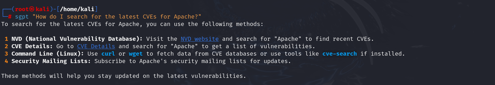 Use ShellGPT to generate CVE searches